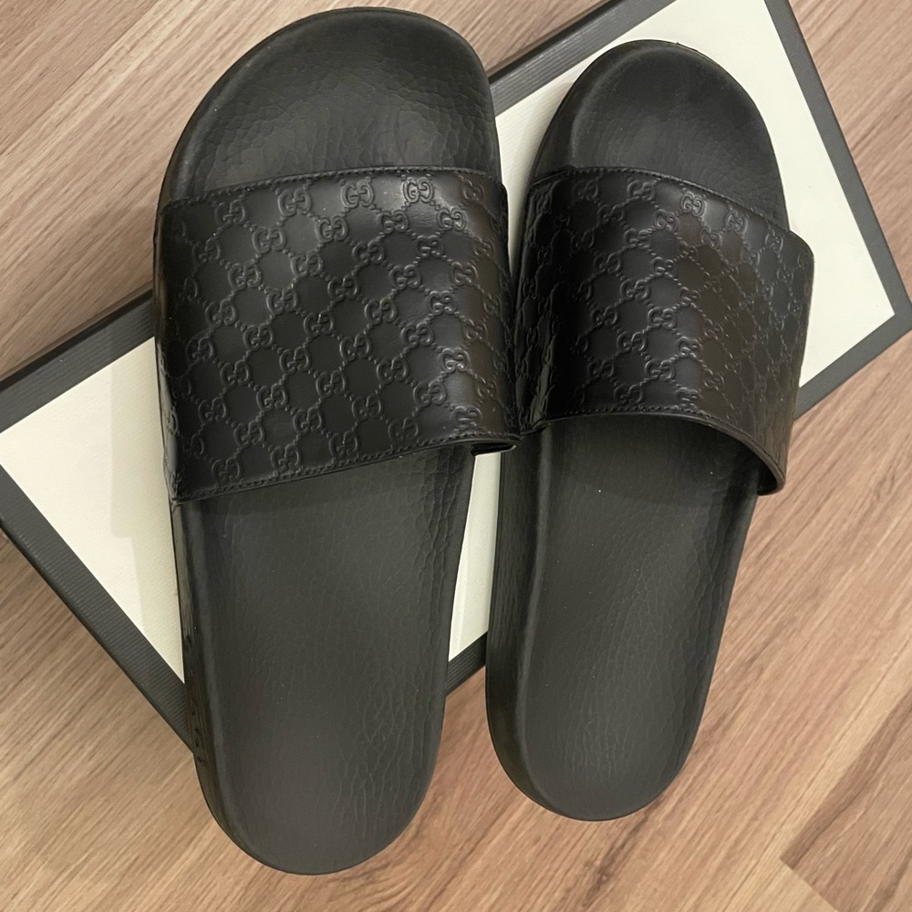 Gucci Black Embossed GG Slide Sandals - Picture 2 of 2